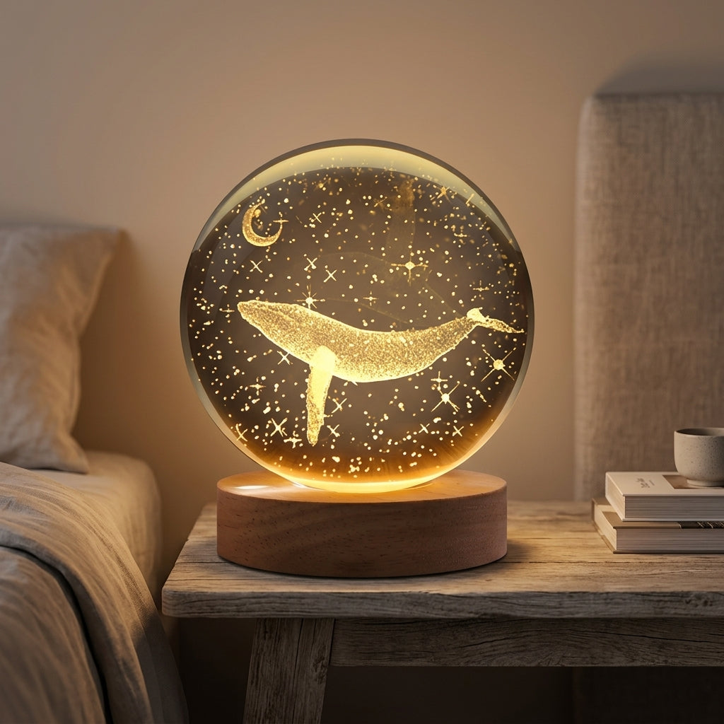 Lampe de Chevet Cristal Boule Lune et Baleine - Veilleuse Design