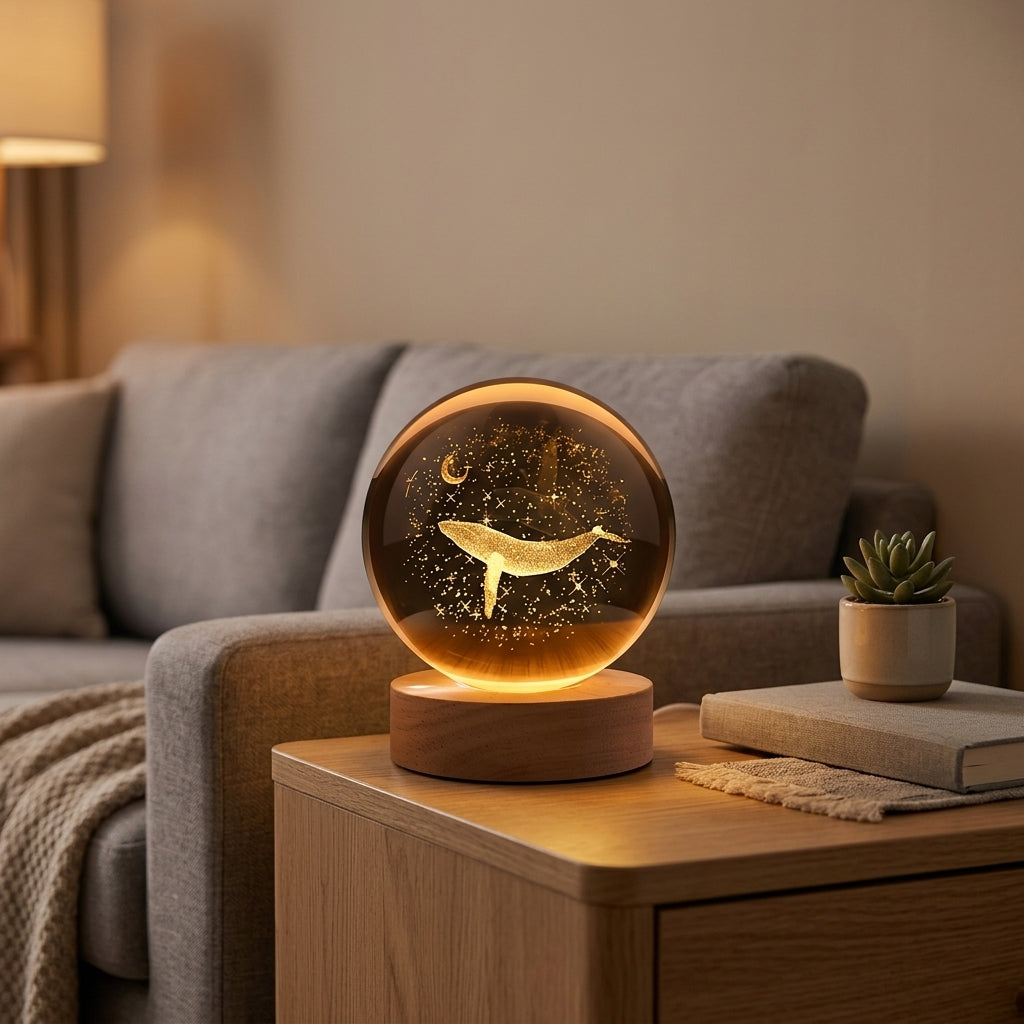 Lampe de Chevet Cristal Boule Lune et Baleine - Veilleuse Design