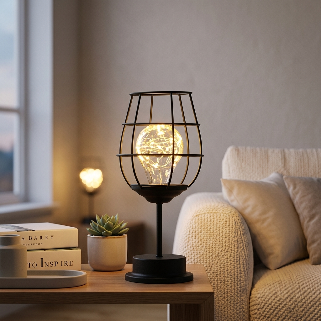 Lampe de Chevet Design Cage Métal - Lumière Douce Rechargeable