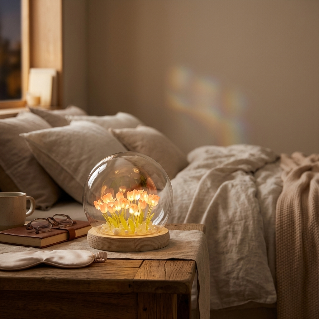 Lampe de chevet LED avec fleurs de tulipe séchées, éclairage douce et chaleureux