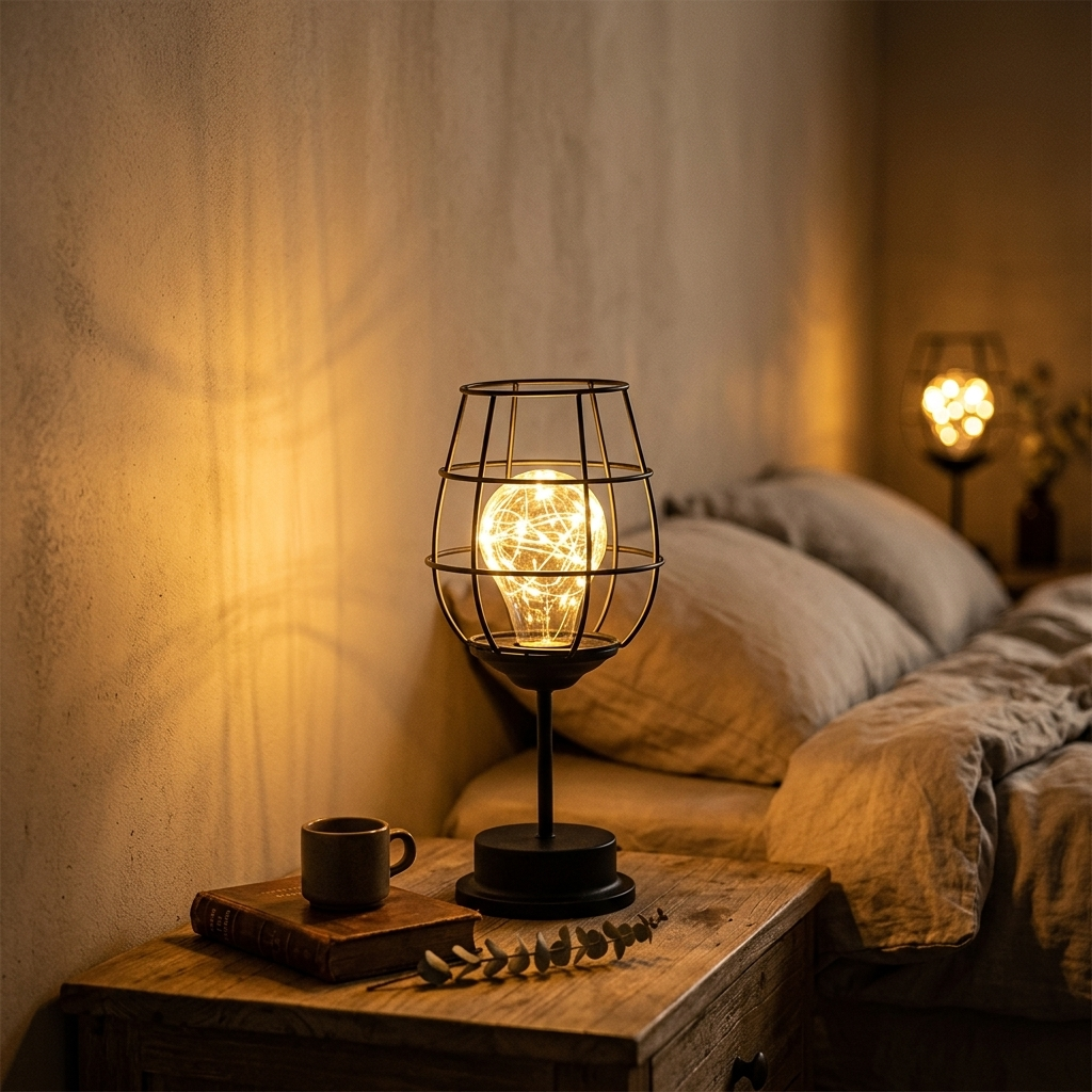 Lampe de Chevet Design Cage Métal - Lumière Douce Rechargeable
