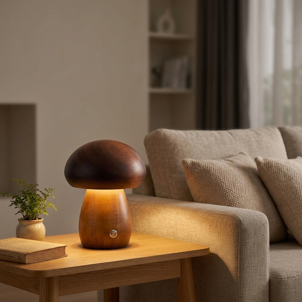 Lampe de Chevet Champignon Bois Rechargeable 3 Couleurs
