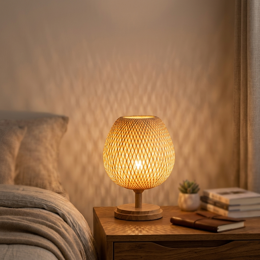 Lampe de chevet bambou avec tressage artisanal et lumière apaisante