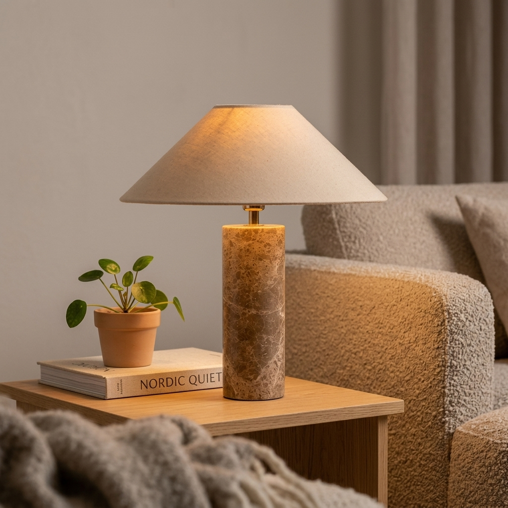 Lampe de Chevet Nordic Cylindrique - Base Marbre et Abat-jour Tissu