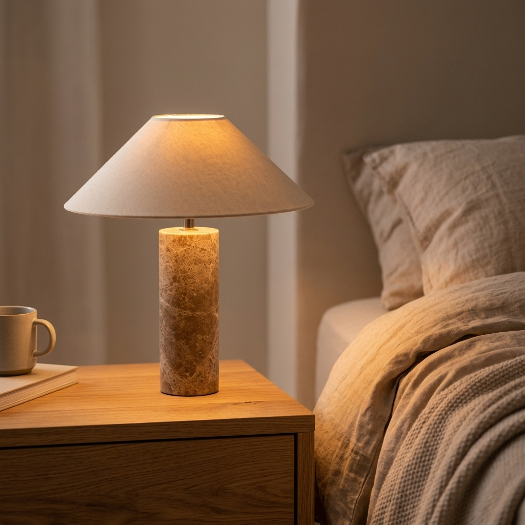 Lampe de Chevet Nordic Cylindrique - Base Marbre et Abat-jour Tissu