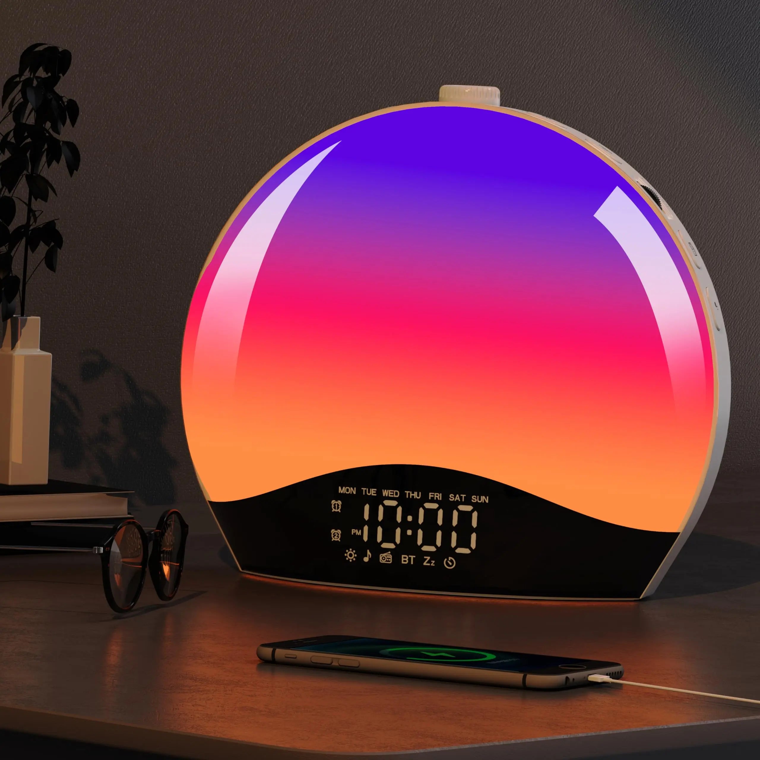 Lampe de chevet réveil lumineux avec simulation lever soleil, design moderne