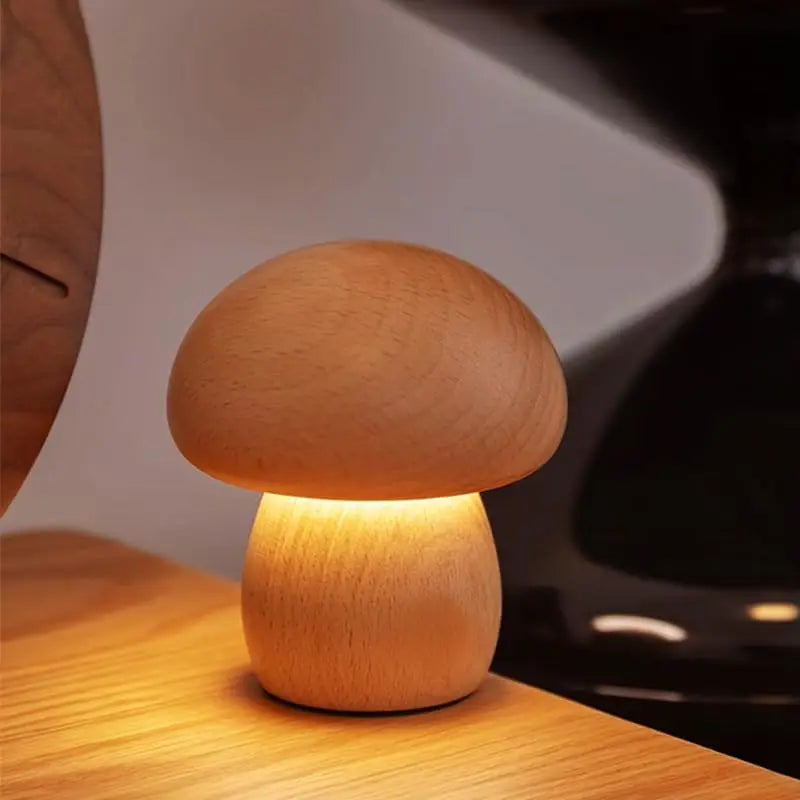 Lampe de Chevet Champignon Bois Rechargeable 3 Couleurs