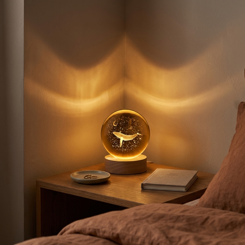 Lampe de Chevet Cristal Boule Lune et Baleine - Veilleuse Design