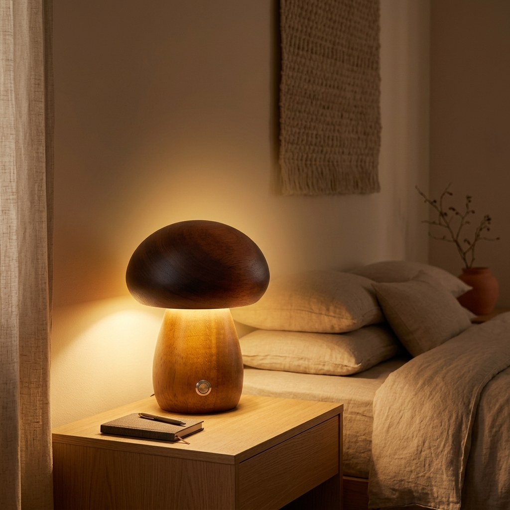 Lampe de Chevet Champignon Bois Rechargeable 3 Couleurs